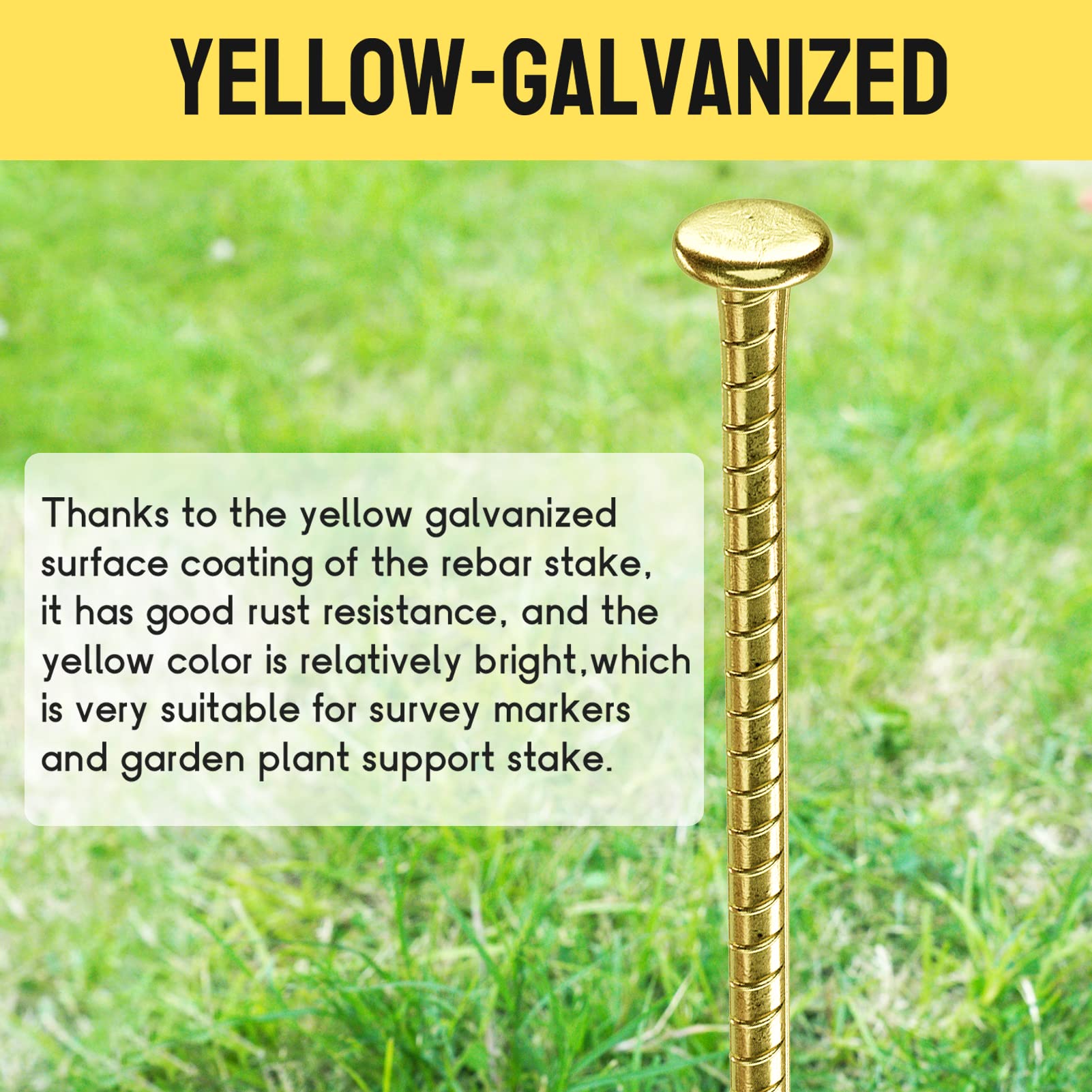 JPOIP yellow galvanized coating visible on stake for rust resistance and visibility