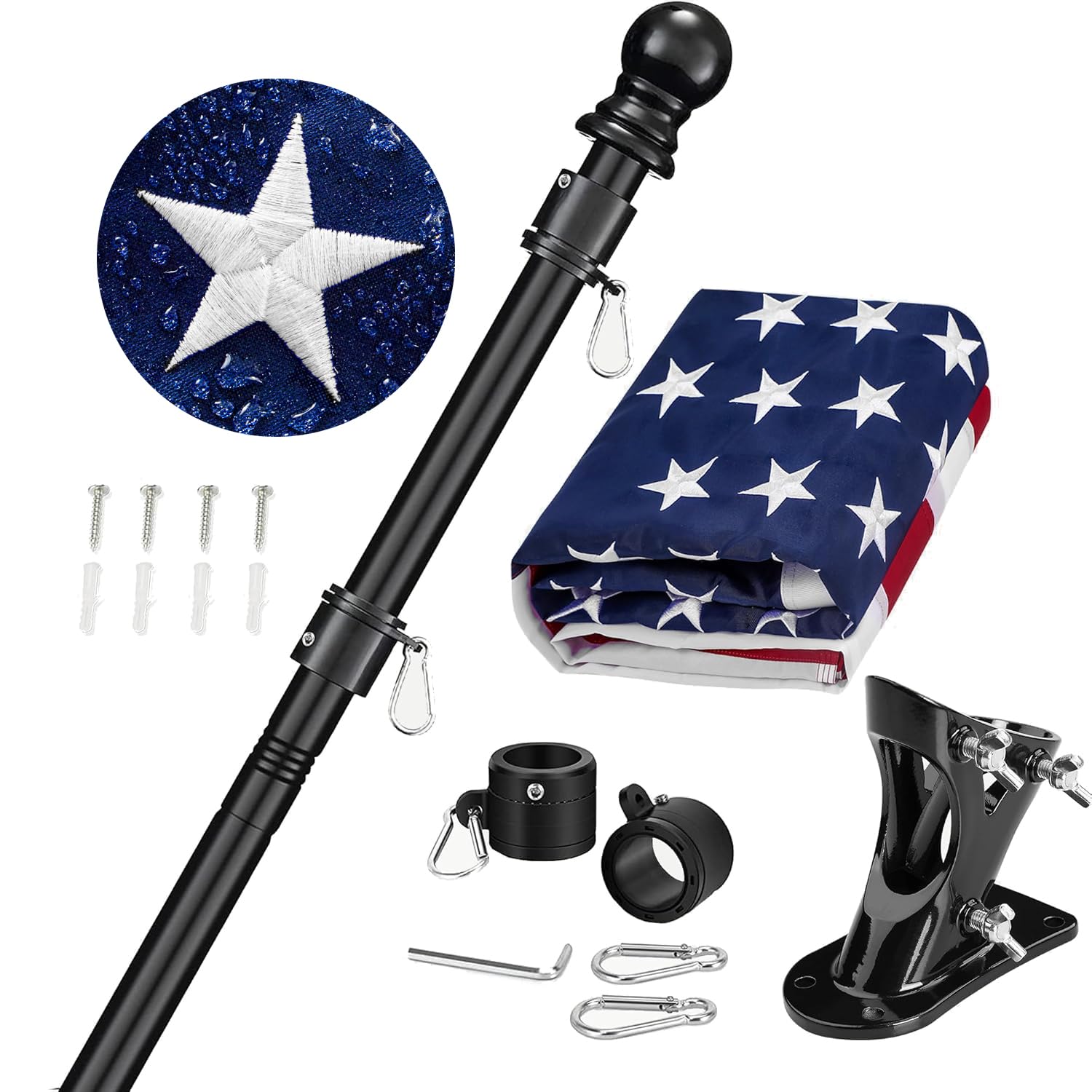 JPorton 6ft black steel flag pole, ideal for durable outdoor display.