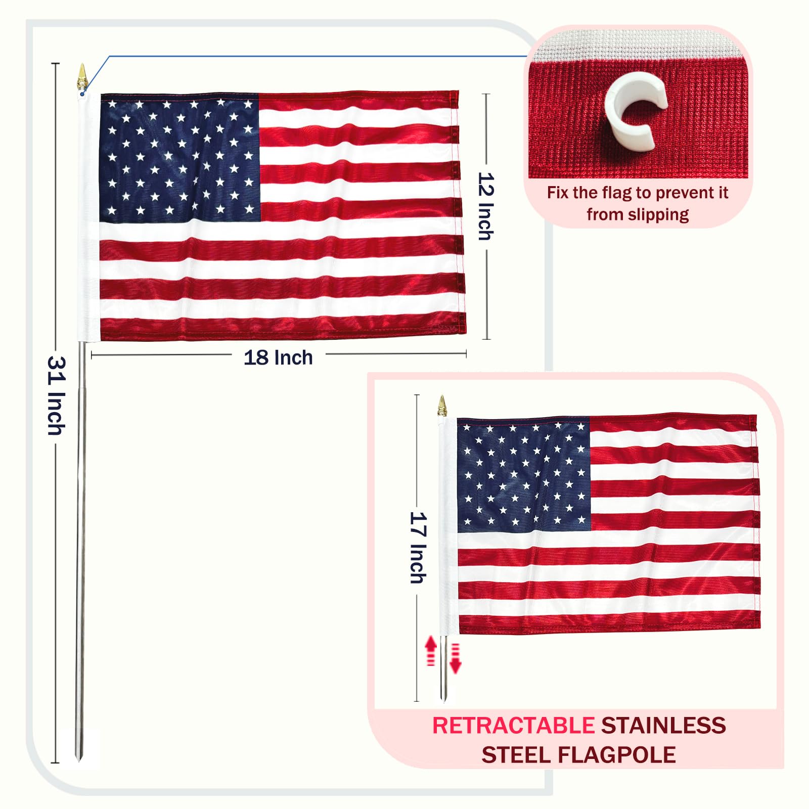 JRED handheld US flag with retractable pole for easy display