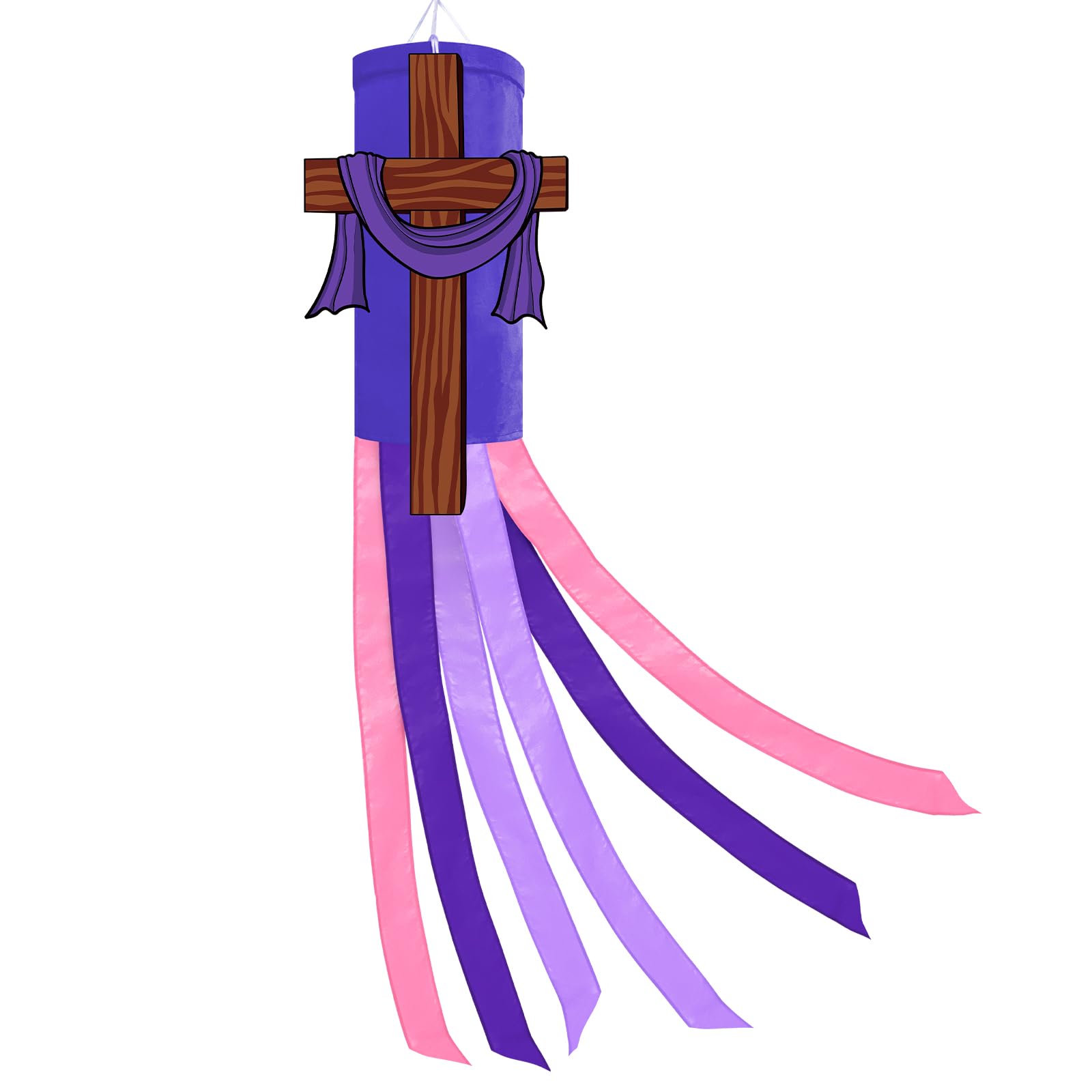 Jremreo 40-inch Easter cross windsock fluttering with purple streamers in sunlight.