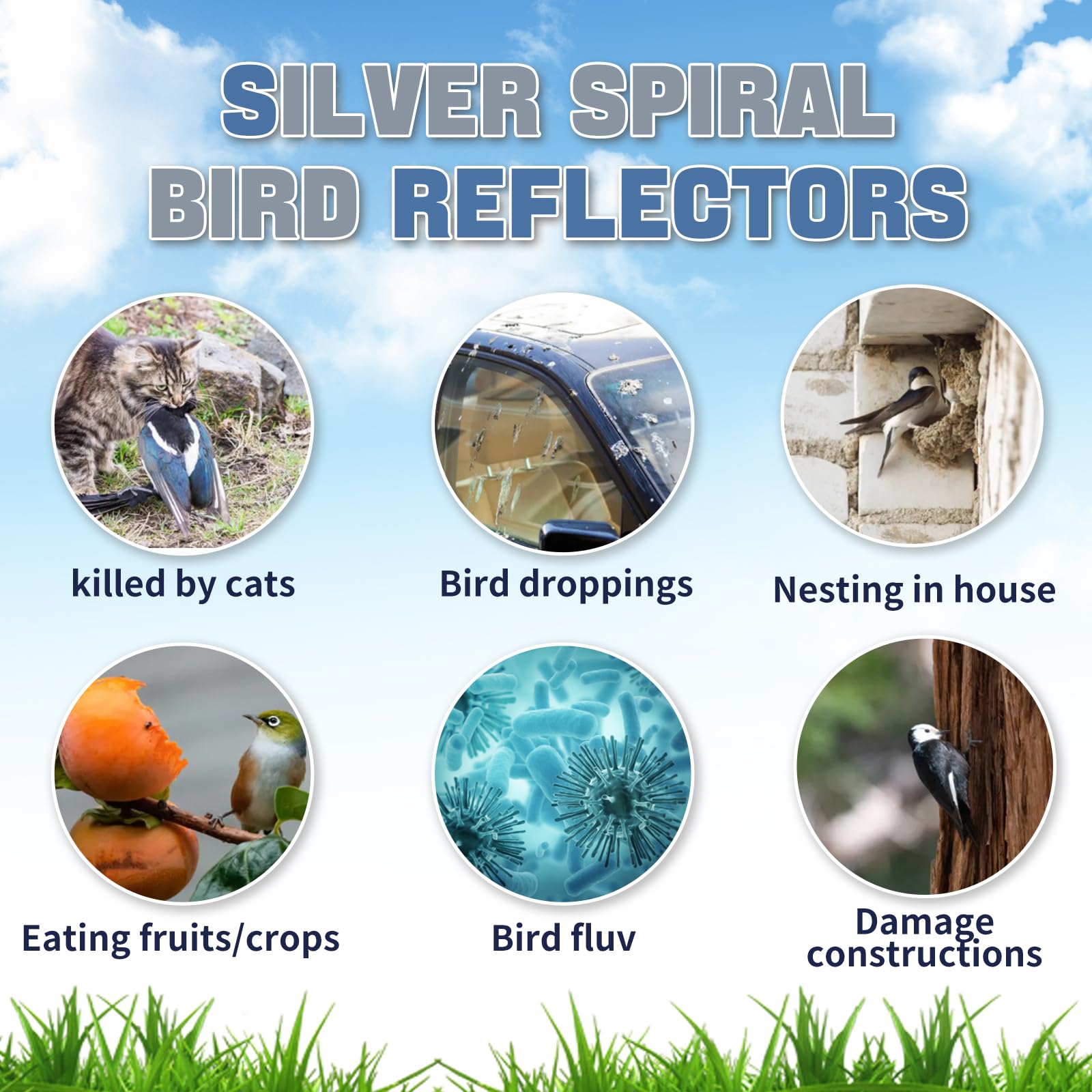Jremreo 20-inch spiral reflectors suit patios and trees to reduce visits.