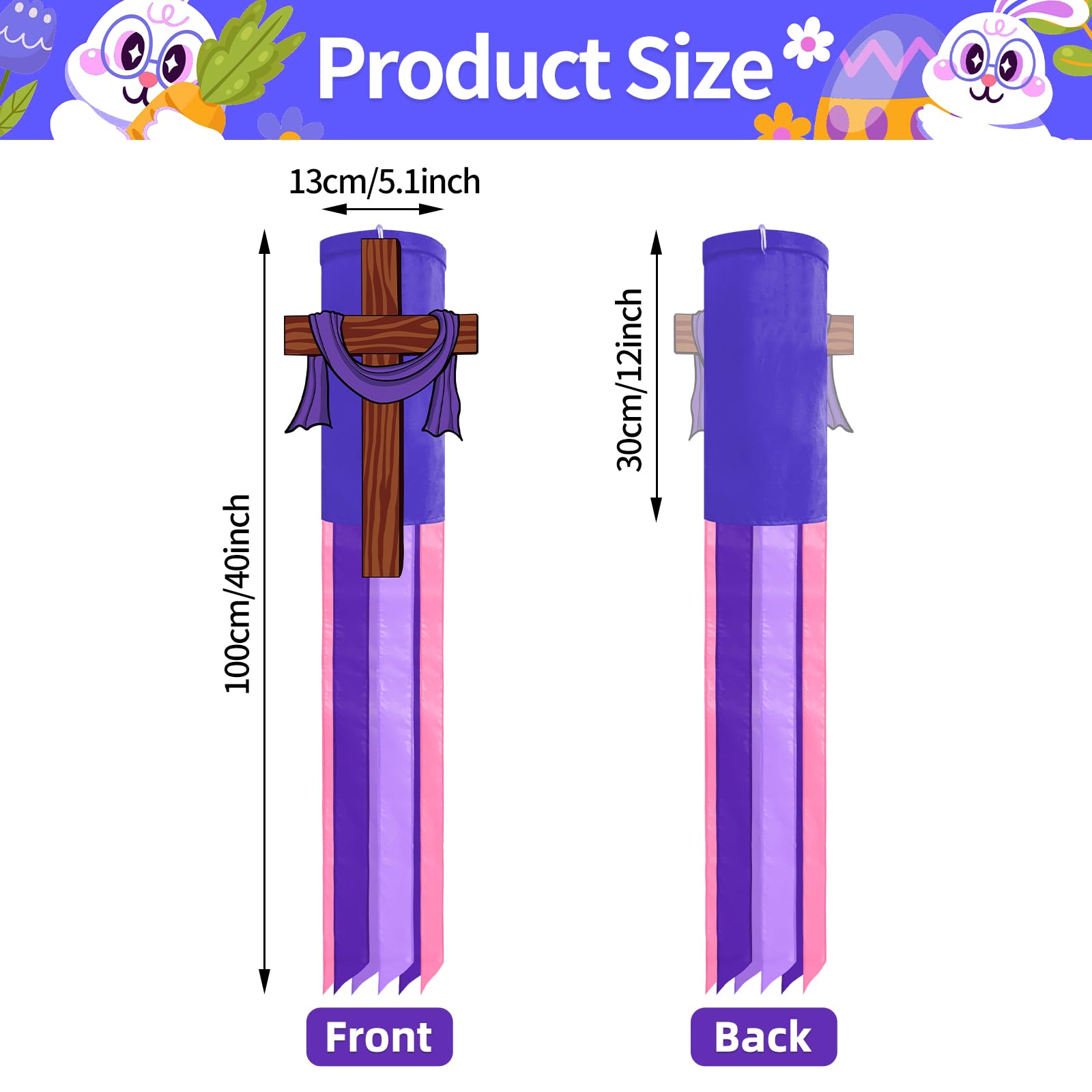 Jremreo windsock with wooden-style cross design and vibrant purple streamers.