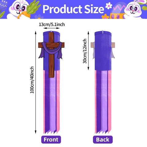 Jremreo windsock with wooden-style cross design and vibrant purple streamers.