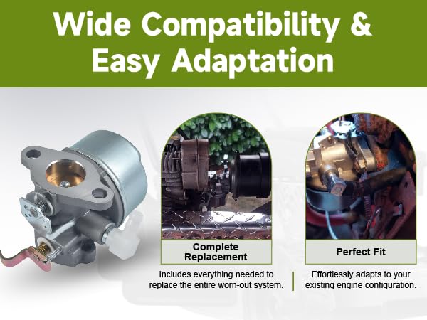 Replacement kit includes carburetor and gasket for worn component refresh.