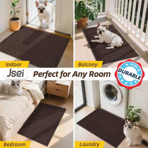 Brown JSEI welcome mat enhances indoors near doorway