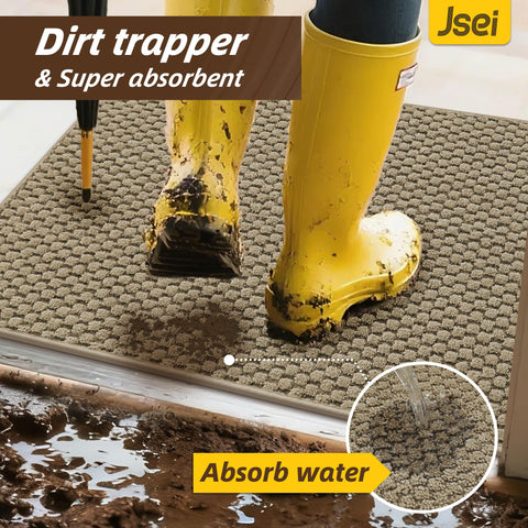 Non-slip backing on dry floor keeps JSEI mat in place indoors.