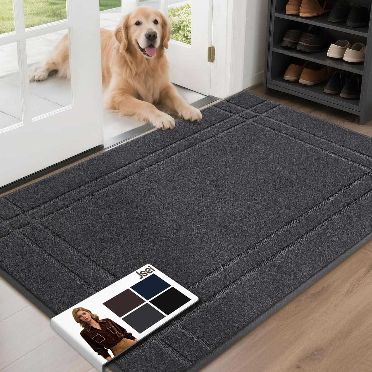 JSEI entryway rug at front door traps dirt and dries quickly.