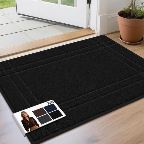 JSEI Entryway Rugs Doormat front view, slim profile helps doors swing freely while trapping dirt.