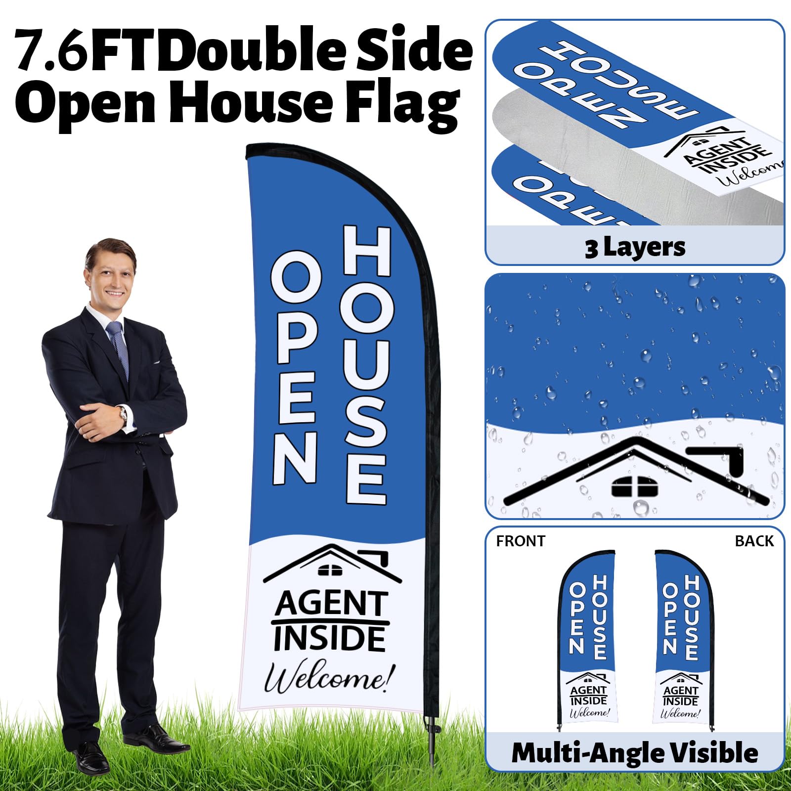 Jsngbse double-sided open-house flag clearly shows listing details from multiple directions