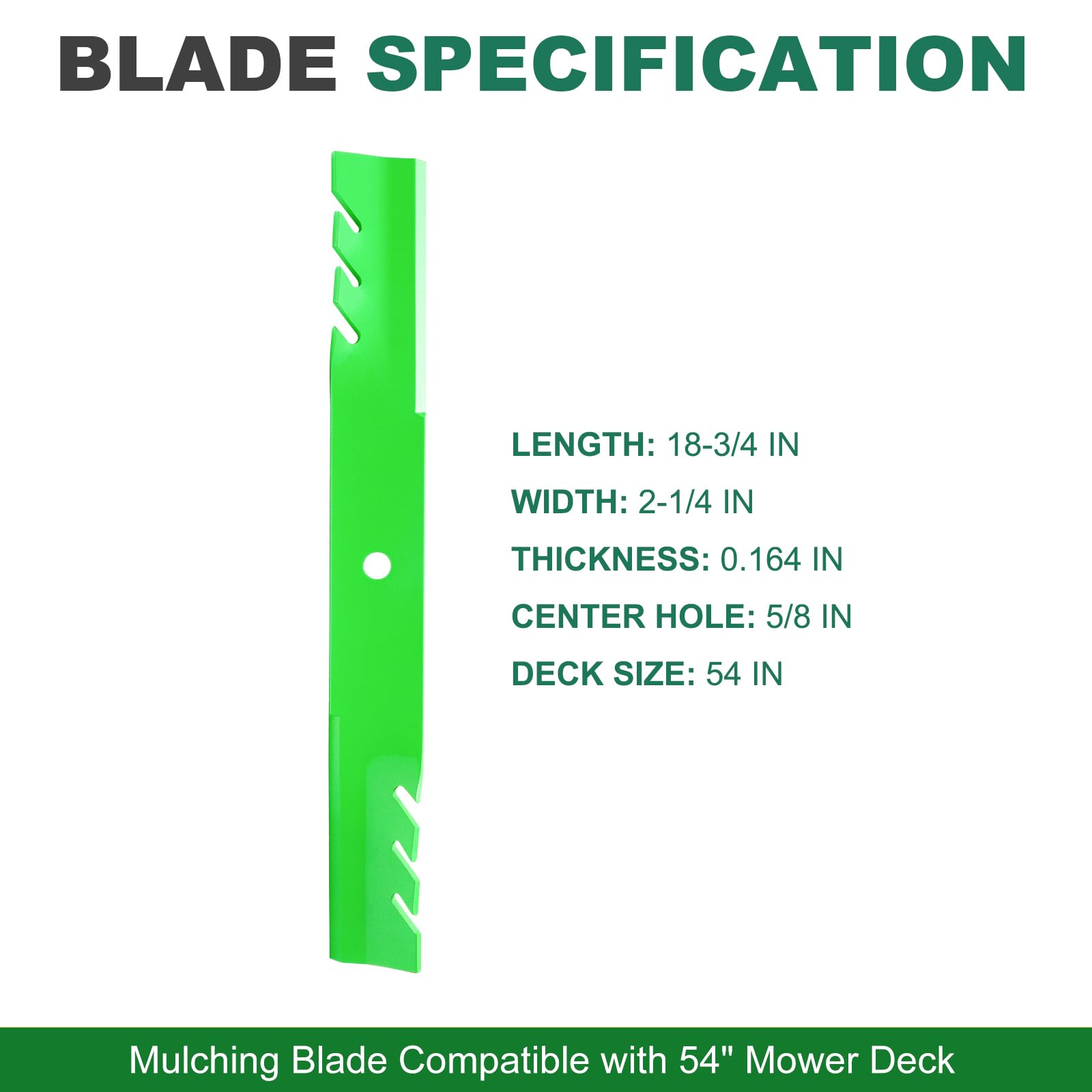 JSXDNWYJ mulching blades close-up shows 18.75-inch length and 0.164-inch thickness.