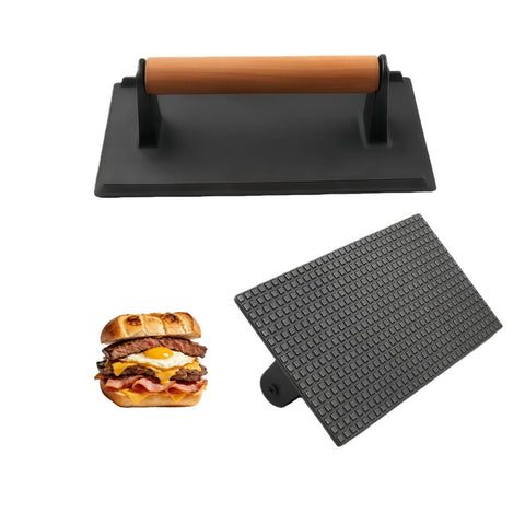 JSY Sun cast iron grill press with wooden handle for even searing