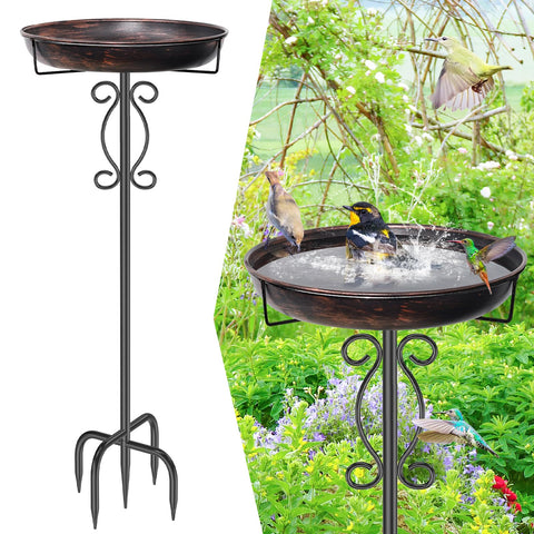 JSYONII metal birdbath outside with tall design, attracting birds and elevating garden style.