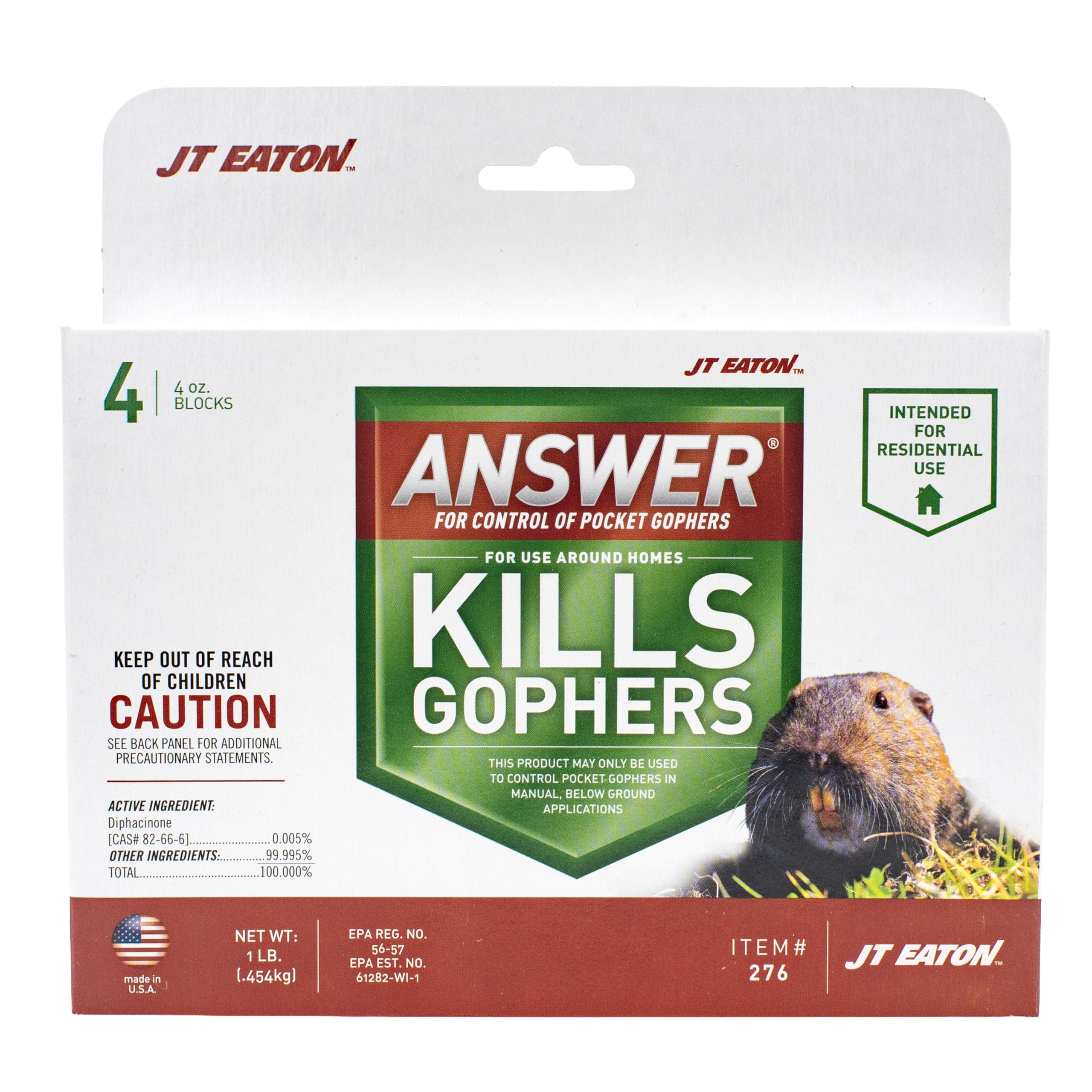 JT Eaton Answer pocket gopher bait blocks placed in a burrow for targeted control.