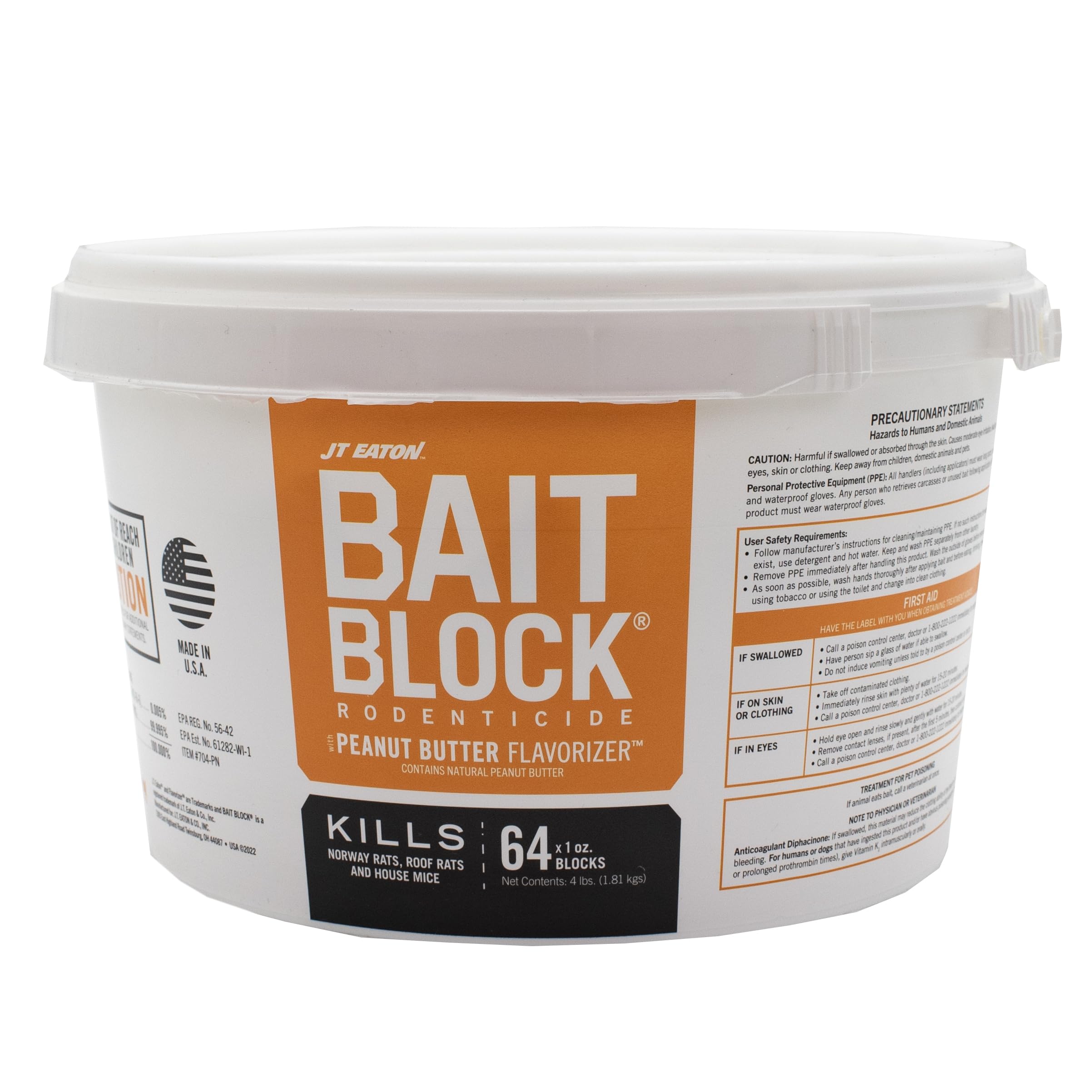 JT Eaton bait block peanut butter flavor in a 4 lb pail for long-lasting pest control.