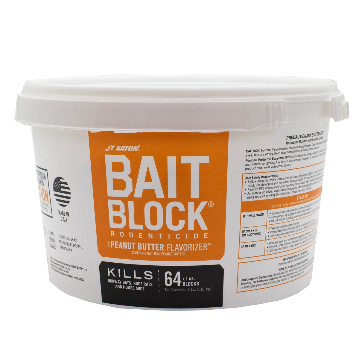 JT Eaton bait block peanut butter flavor in a 4 lb pail for long-lasting pest control.