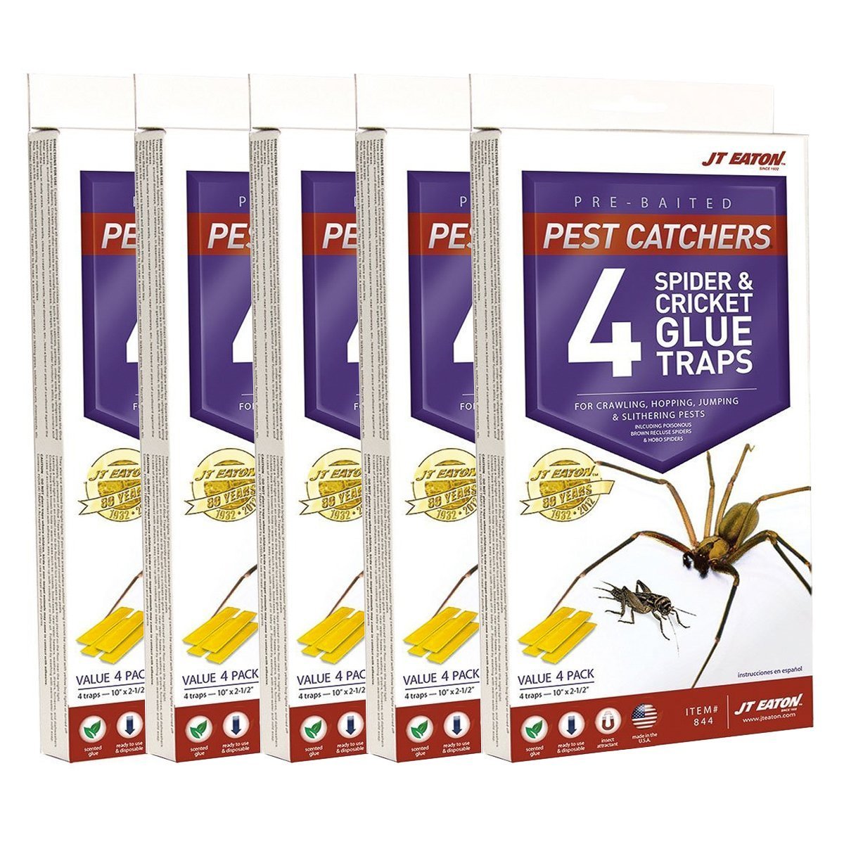 JT Eaton spider and cricket glue trap in white box, ready-to-use and nonpoisonous pest control.