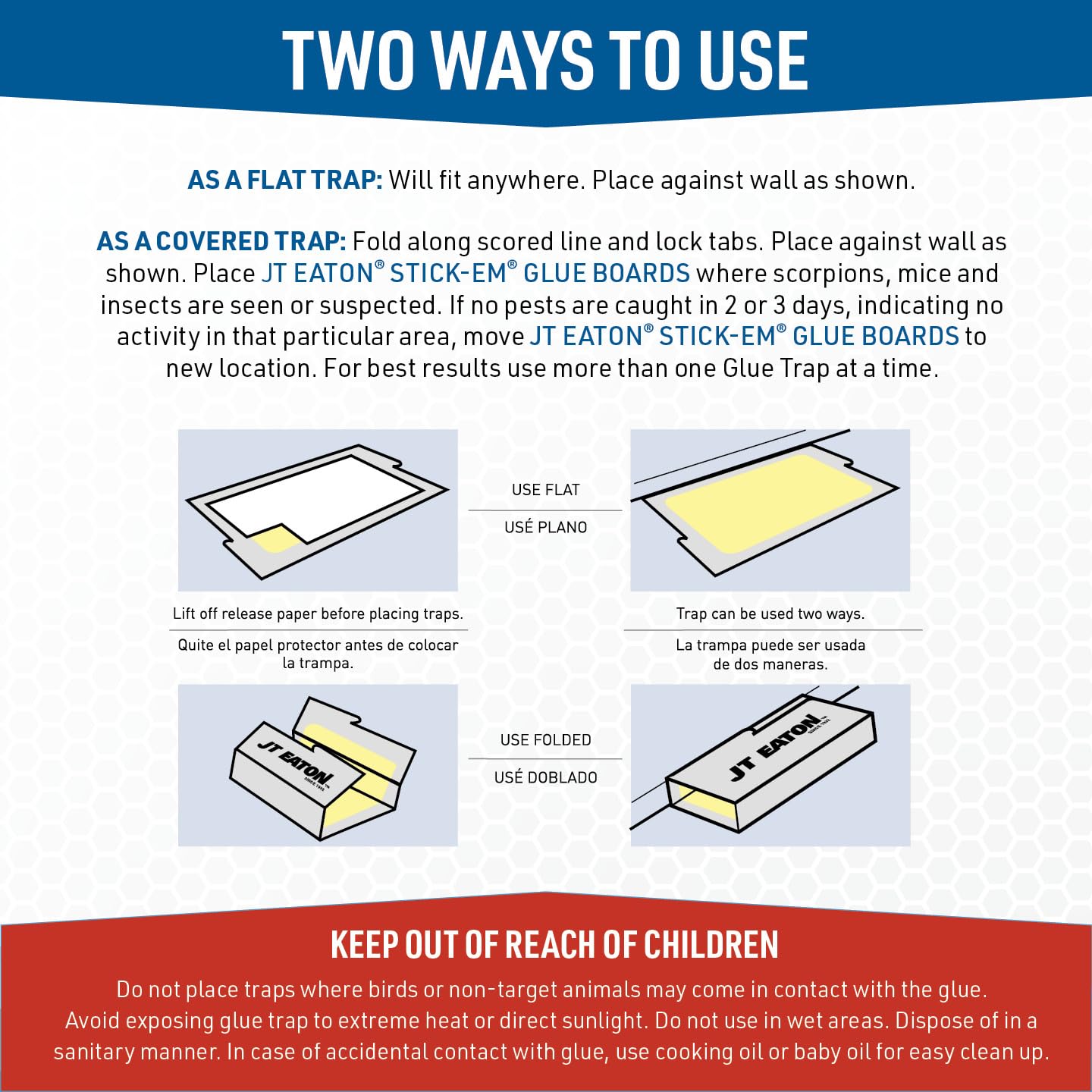 JT Eaton Stick-Em adhesive surface close-up highlights strong non-drying glue.