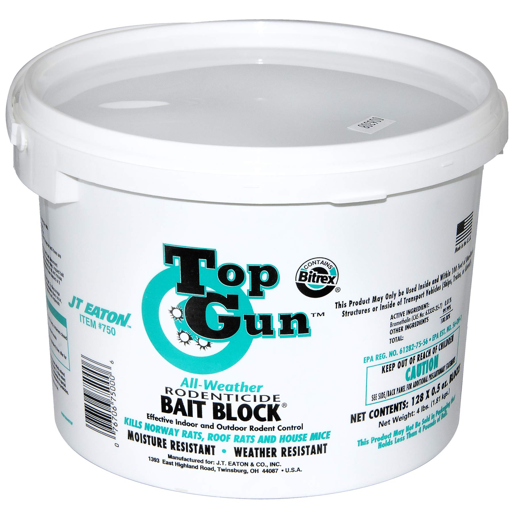 JT Eaton Top Gun all-weather bait blocks in a 128-block pail for indoor and outdoor rodent control