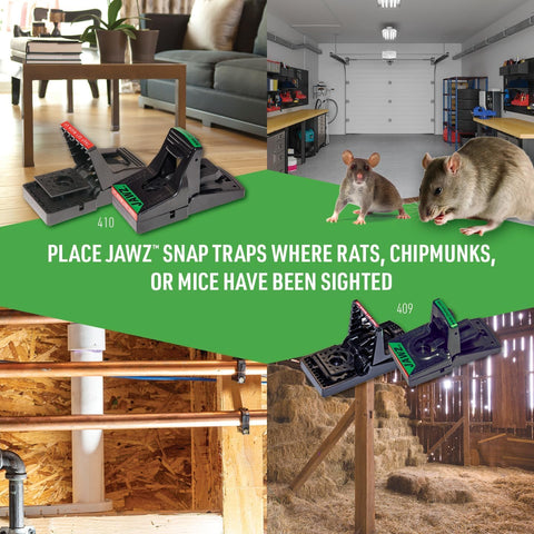 JT Eaton 409 Jawz dependable trap to reduce rodent activity in tight spaces.