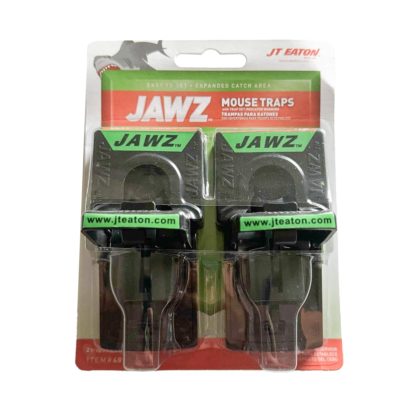 JT Eaton 409 Jawz near door entry traps mice at common entry points.