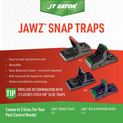 JT Eaton 409 Jawz no-glue design reduces mess and setup hassle.