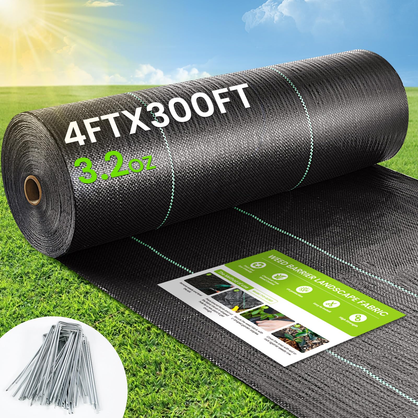 JTSIOV Weed Barrier Fabric 4x300ft roll shows durable garden protection for landscape beds and driveways.