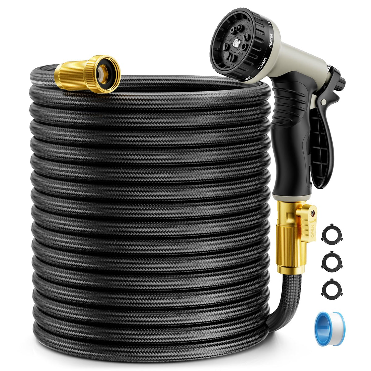 JTTHKK garden hose 75ft coiled for easy storage and smooth water flow.