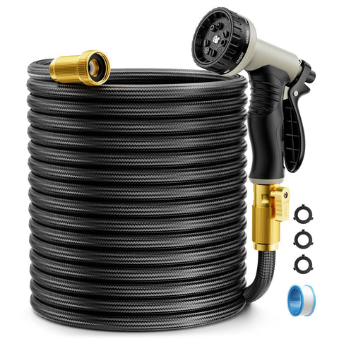 JTTHKK garden hose 75ft coiled for easy storage and smooth water flow.