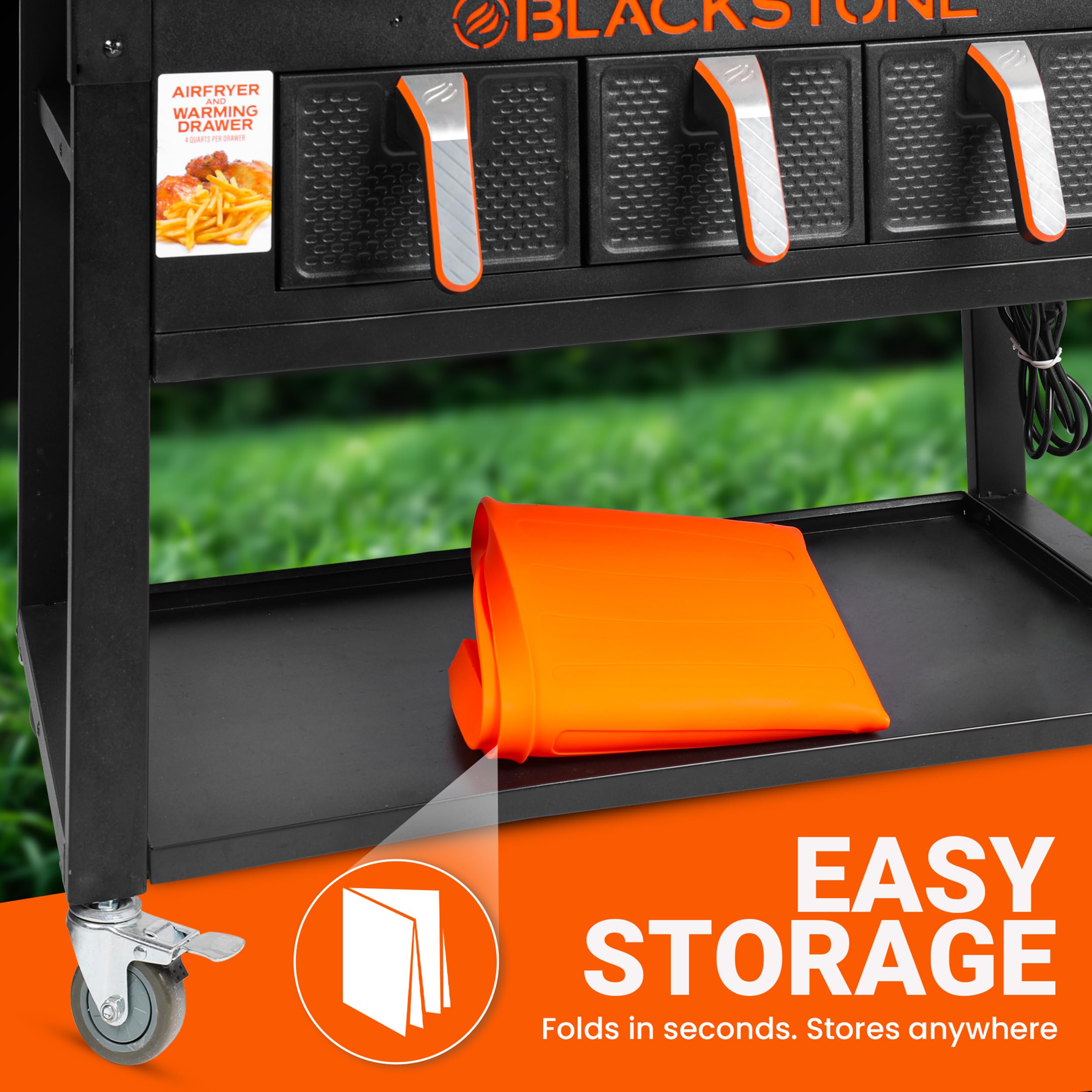 Foldable JUAF mat stores neatly under the grill or in a drawer.