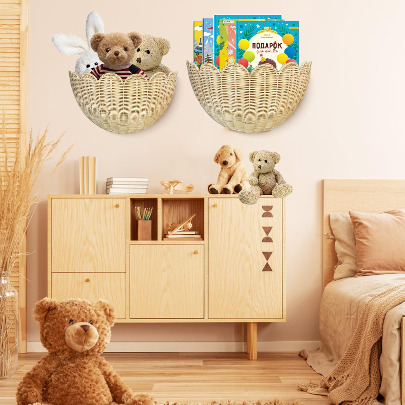 JubilantJive scalloped wall basket storage-toys helps tidy toys in kids' room.
