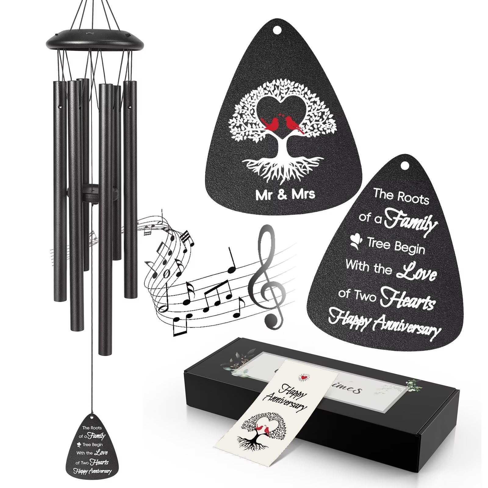 Jubilora wind chimes in black finish on porch, a lasting romantic gift