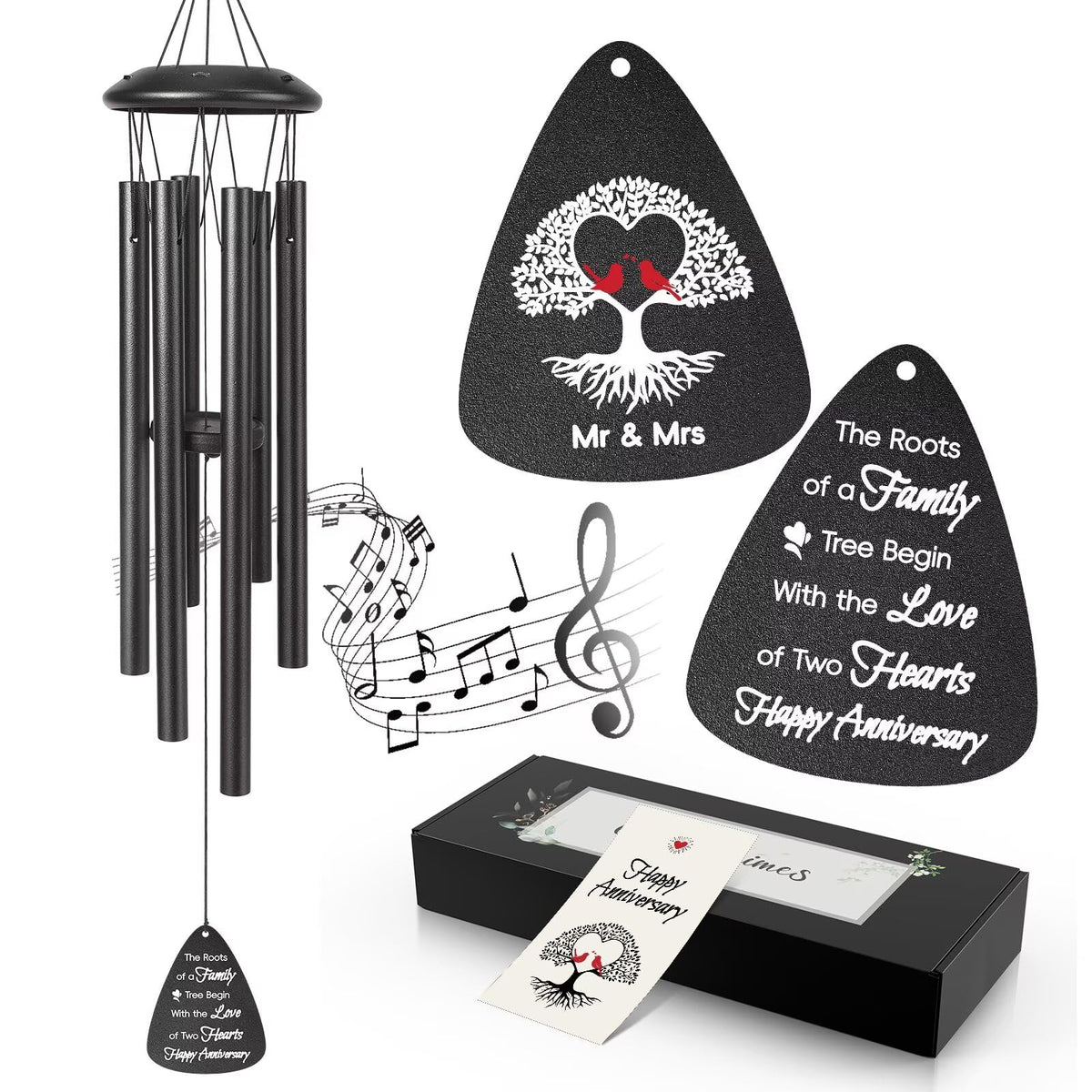 Jubilora wind chimes in black finish on porch, a lasting romantic gift