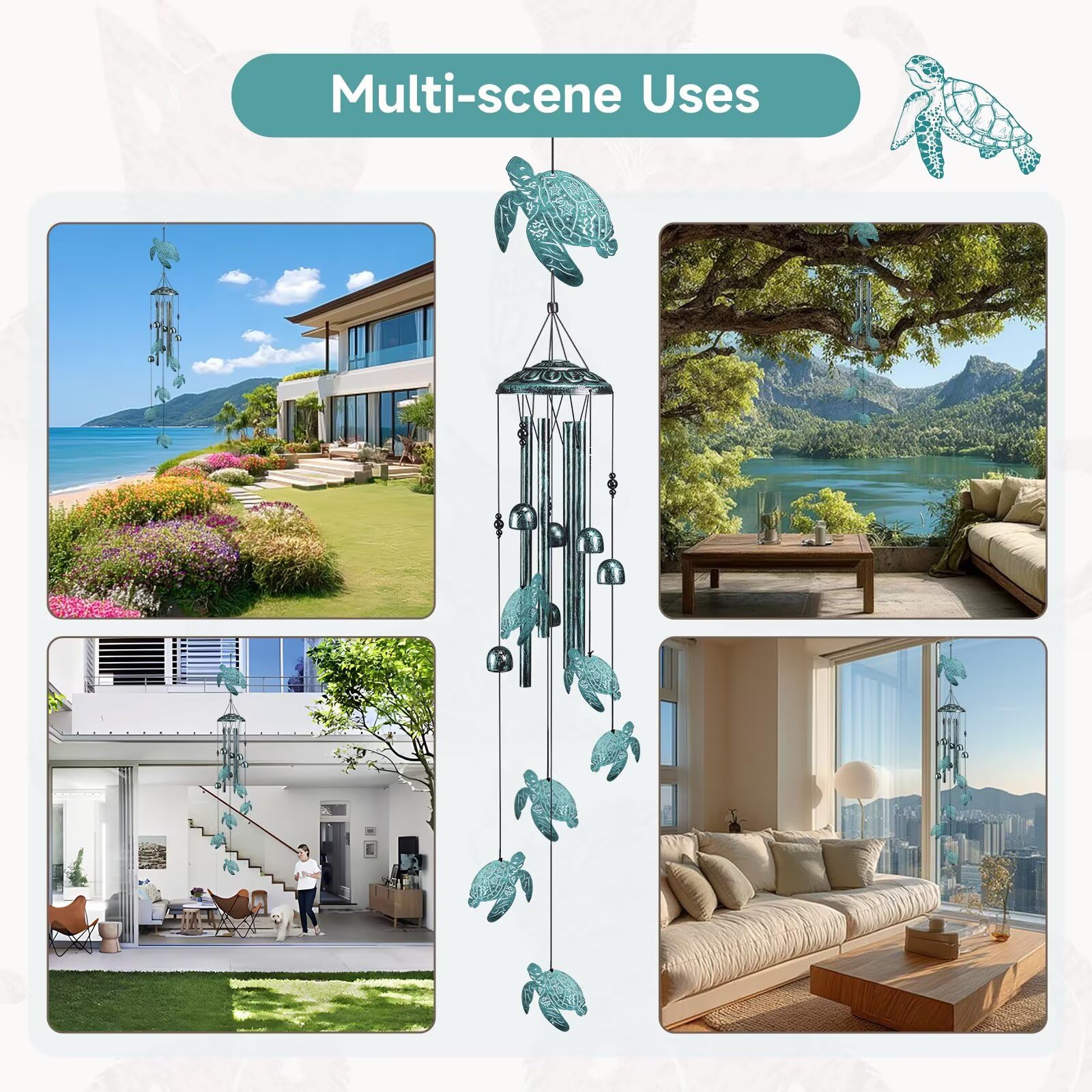 Jubilora Sea Turtle Wind Chimes marine-blue finish highlights turtle motifs