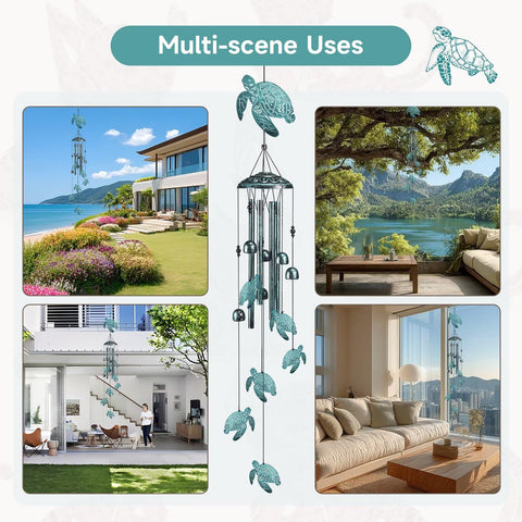 Jubilora Sea Turtle Wind Chimes marine-blue finish highlights turtle motifs