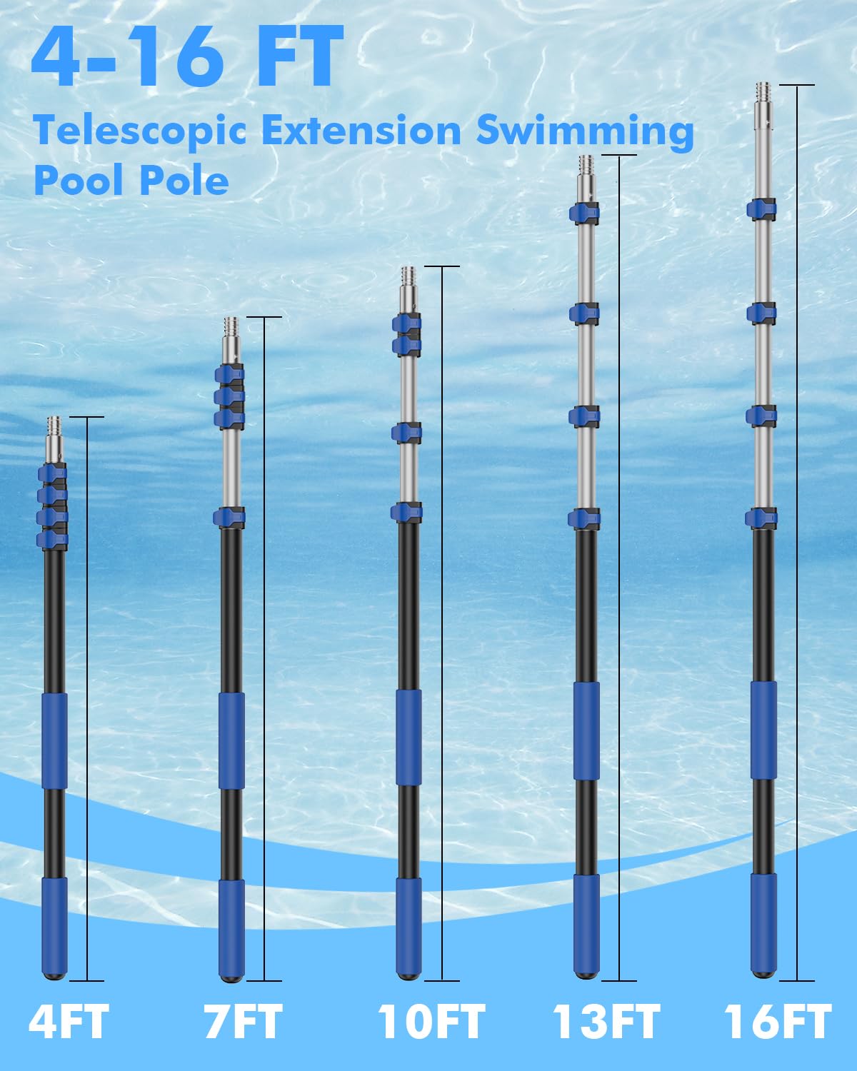 Juecity pool pole accepts standard accessories via 1-1/4 inch port