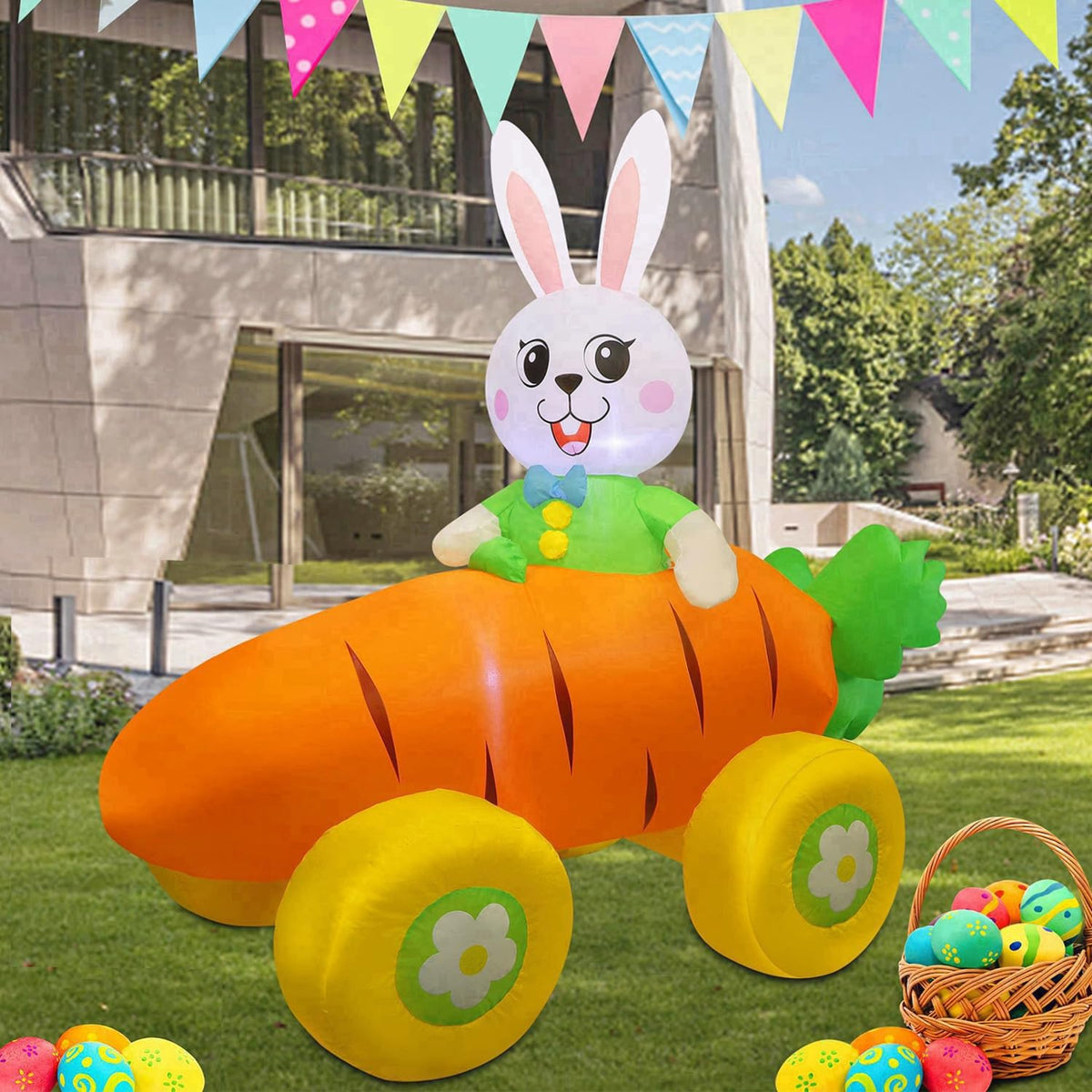 Juegoal Easter Bunny on Radish Car inflatable glowing at night for outdoor decor