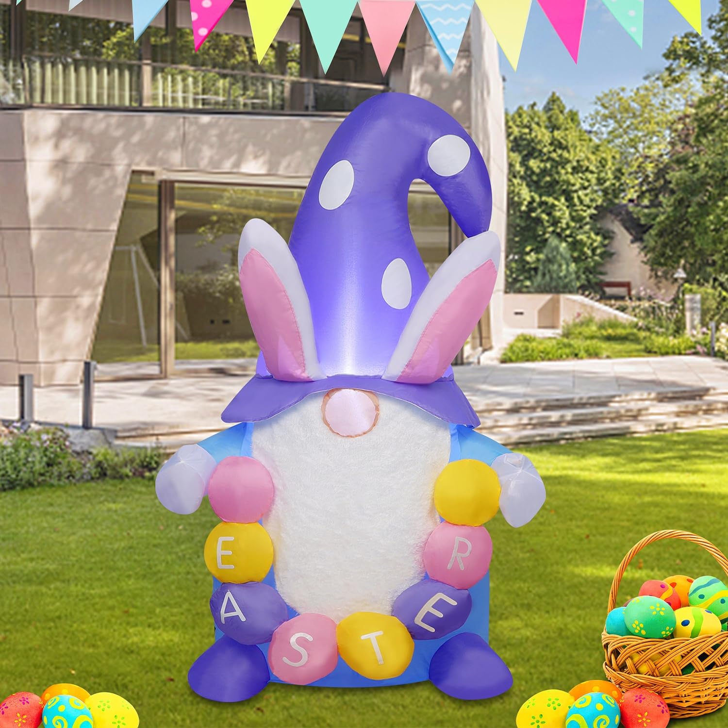 Juegoal Easter Gnome Inflatable front view glowing for outdoor display.