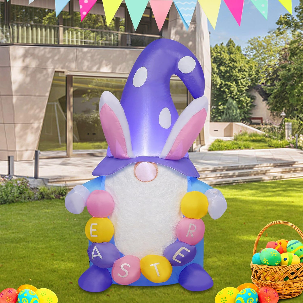 Juegoal Easter Gnome Inflatable front view glowing for outdoor display.