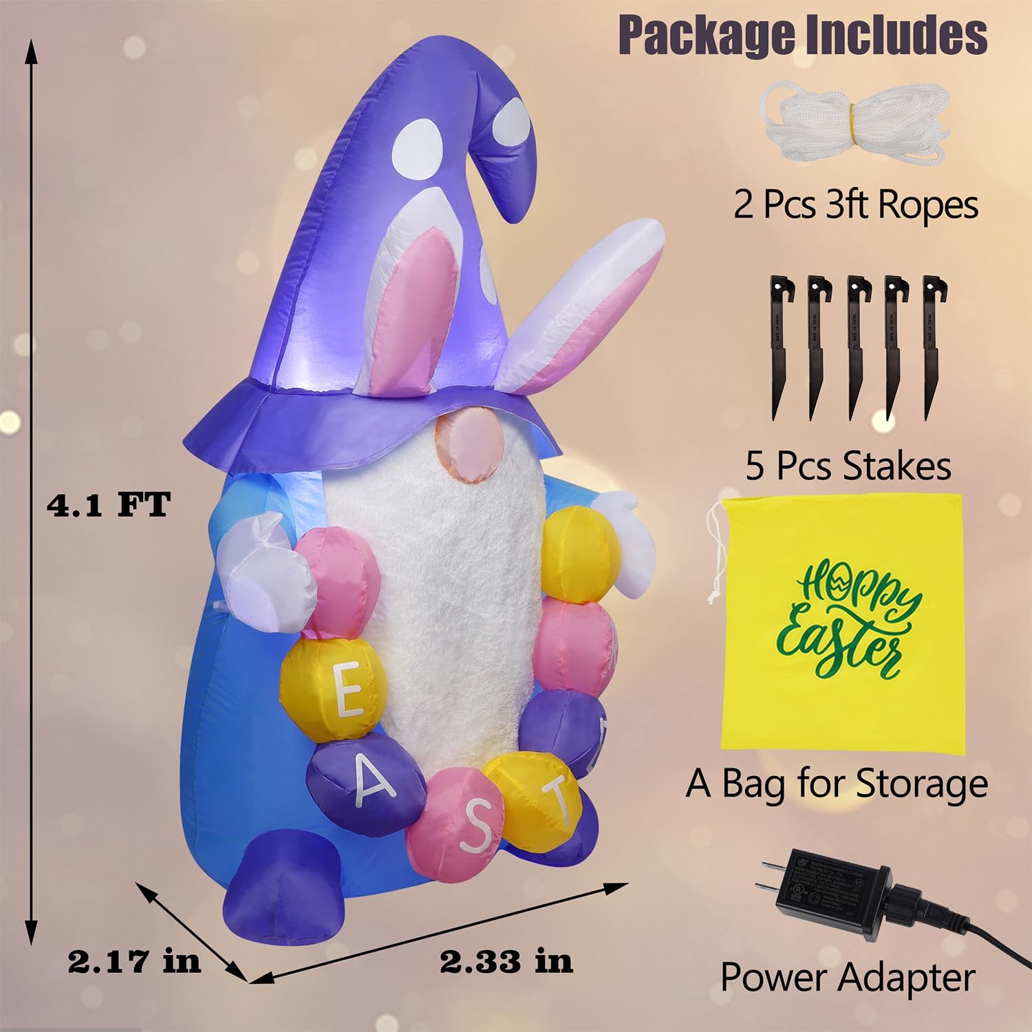 Juegoal Easter Gnome Inflatable night view with LED lights enhances curb appeal.