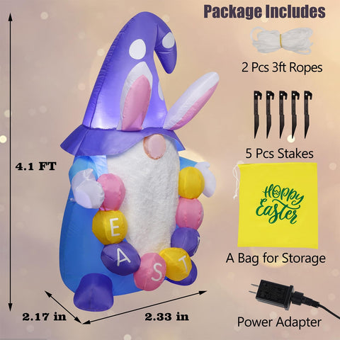 Juegoal Easter Gnome Inflatable night view with LED lights enhances curb appeal.