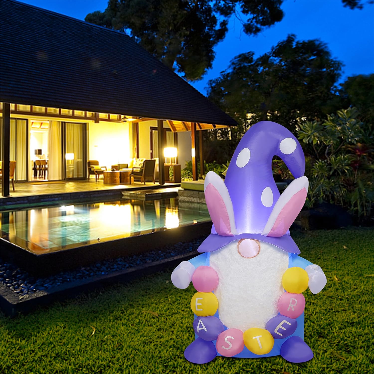 Juegoal Easter Gnome Inflatable includes stakes and tethers for stability.
