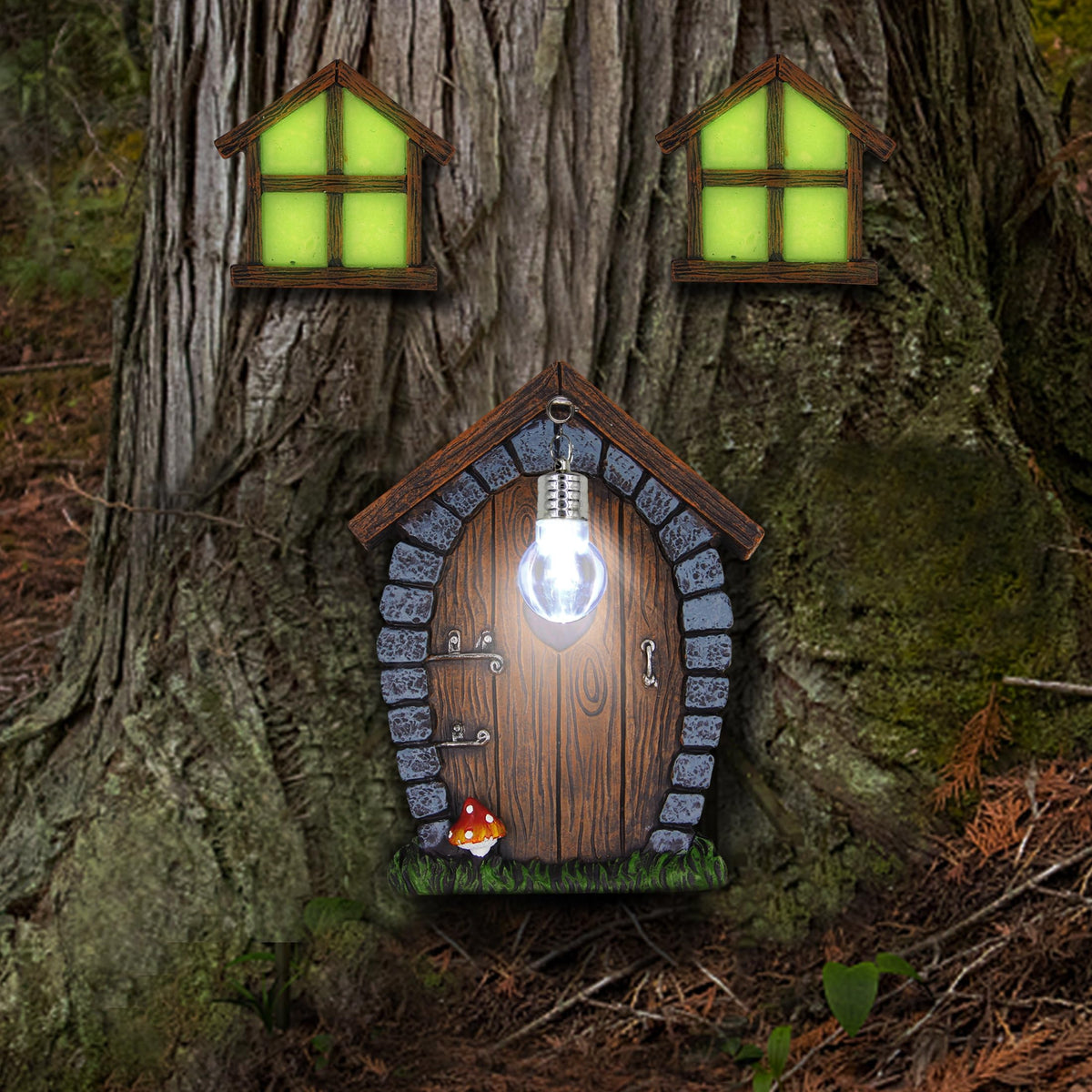 Juegoal fairy garden door windows glow at night, adding magical charm to your yard.