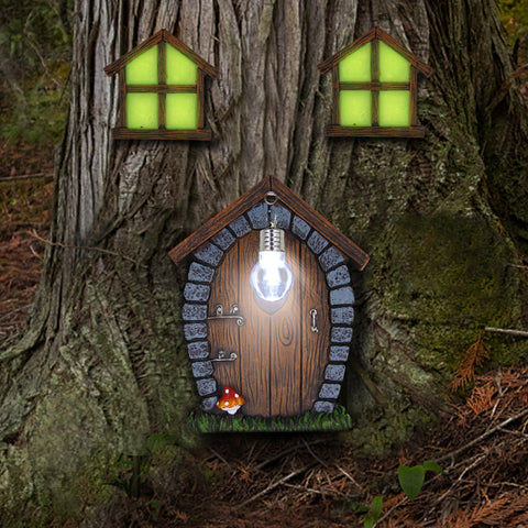 Juegoal fairy garden door windows glow at night, adding magical charm to your yard.