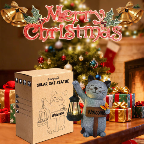 Juegoal kitten garden figurine welcomes guests with a warm glow.