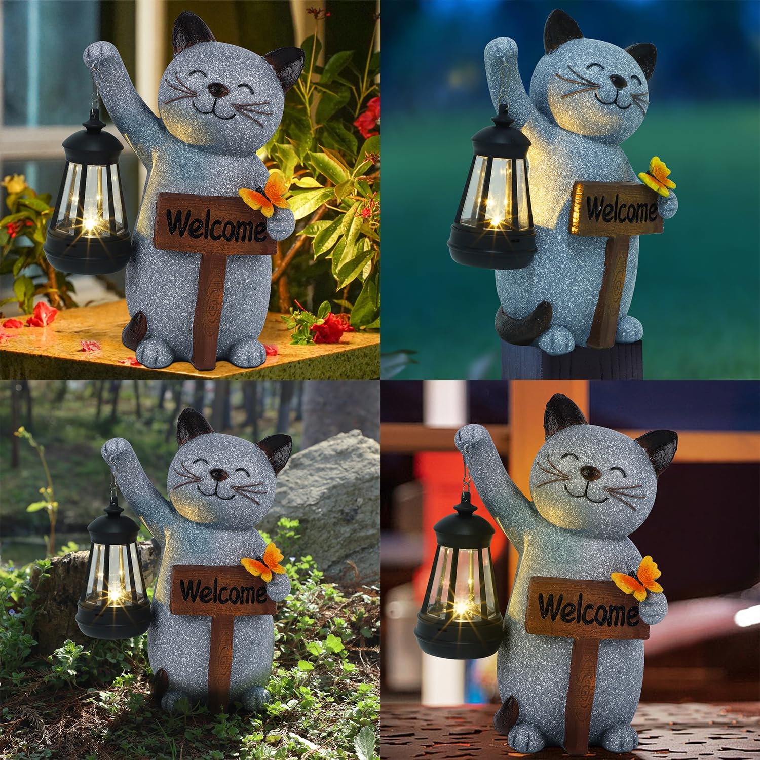 Juegoal outdoor cat statue brightens porches with a gentle LED glow.