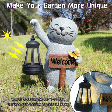 Juegoal weatherproof resin cat decor withstands outdoor conditions.
