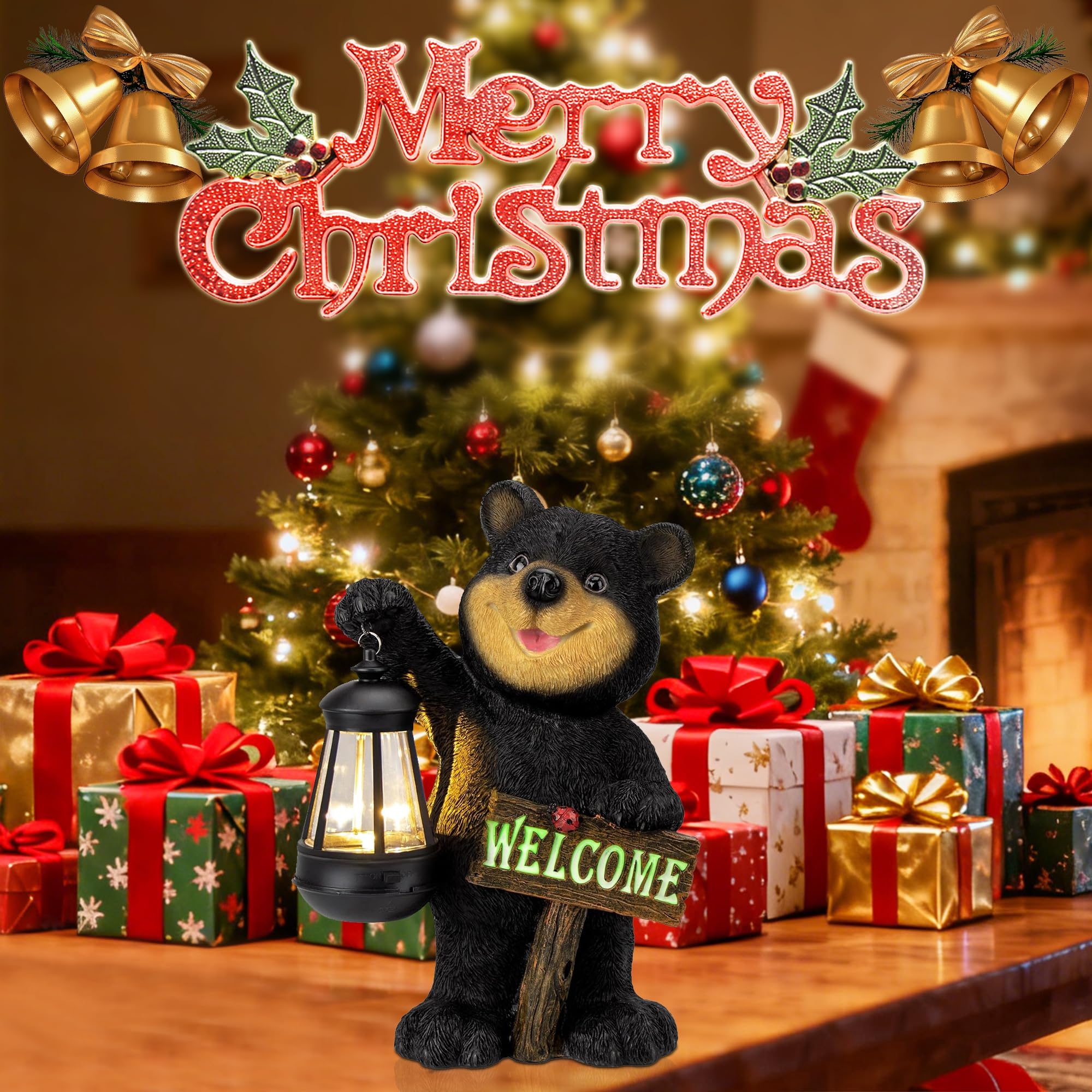 Juegoal luminous welcome sign glows softly beside the bear statue