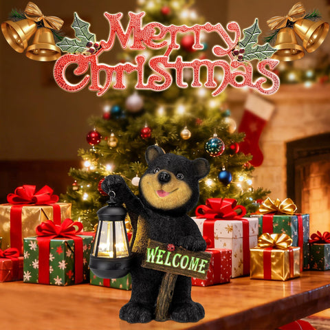 Juegoal luminous welcome sign glows softly beside the bear statue