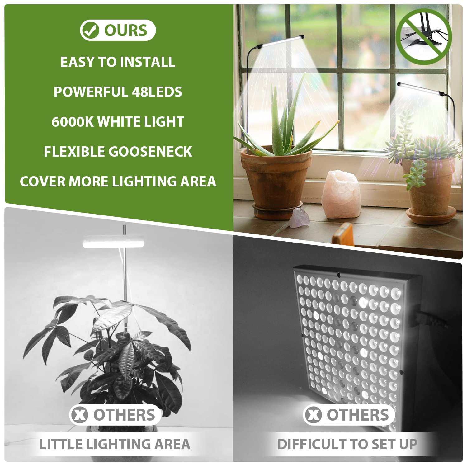 Juhefa Grow Light with 5-level brightness reduces energy use.