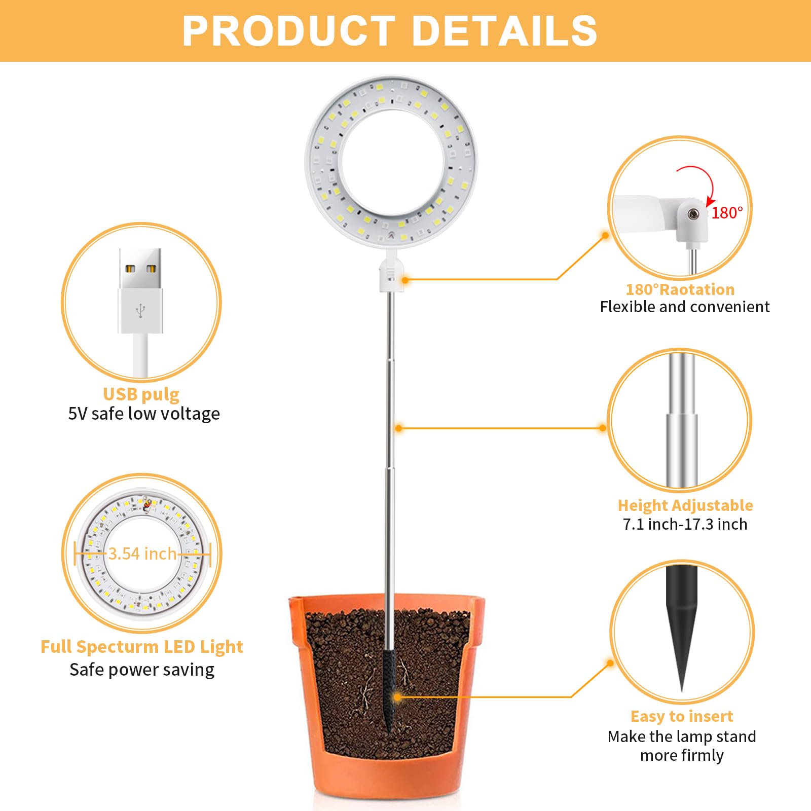 Juhefa Grow Light halo USB cable enables easy home or office use.